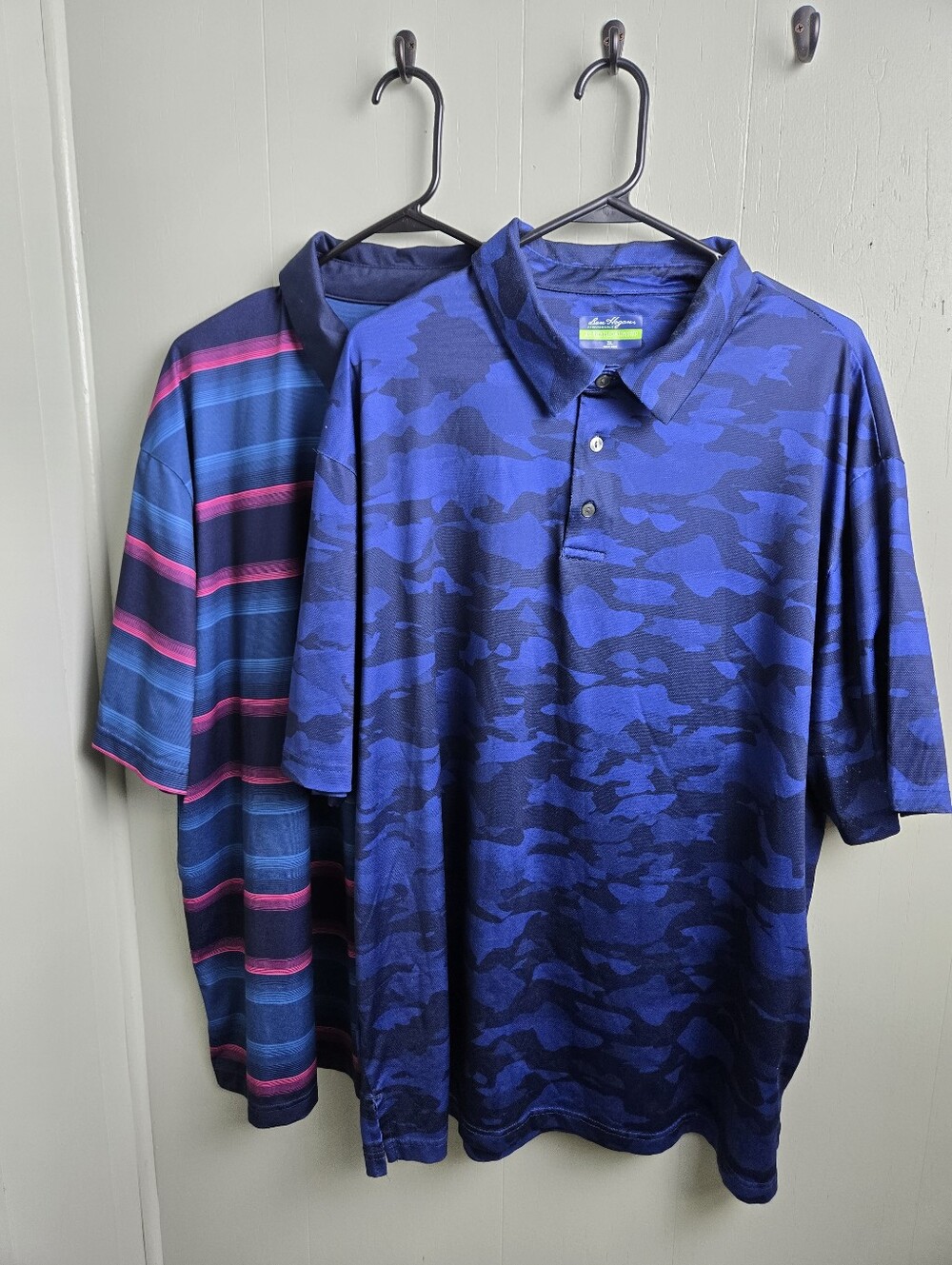 Ben Hogan Polo Shirt Mens 2XL Blue set of 2 Camouflage/Stripe Performance Golf